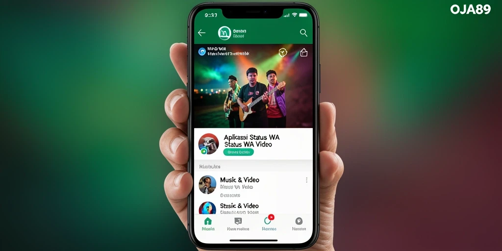 Antarmuka OJA89 dengan berbagai pilihan video musik untuk status.